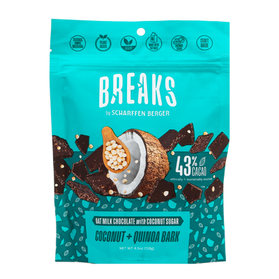 BREAKS - 43% Oat Milk Chocolate with Coconut Sugar + Coconut and Quinoa Bark
